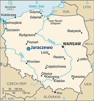 mapa Polski z oznaczeniem na niej Jaraczewa